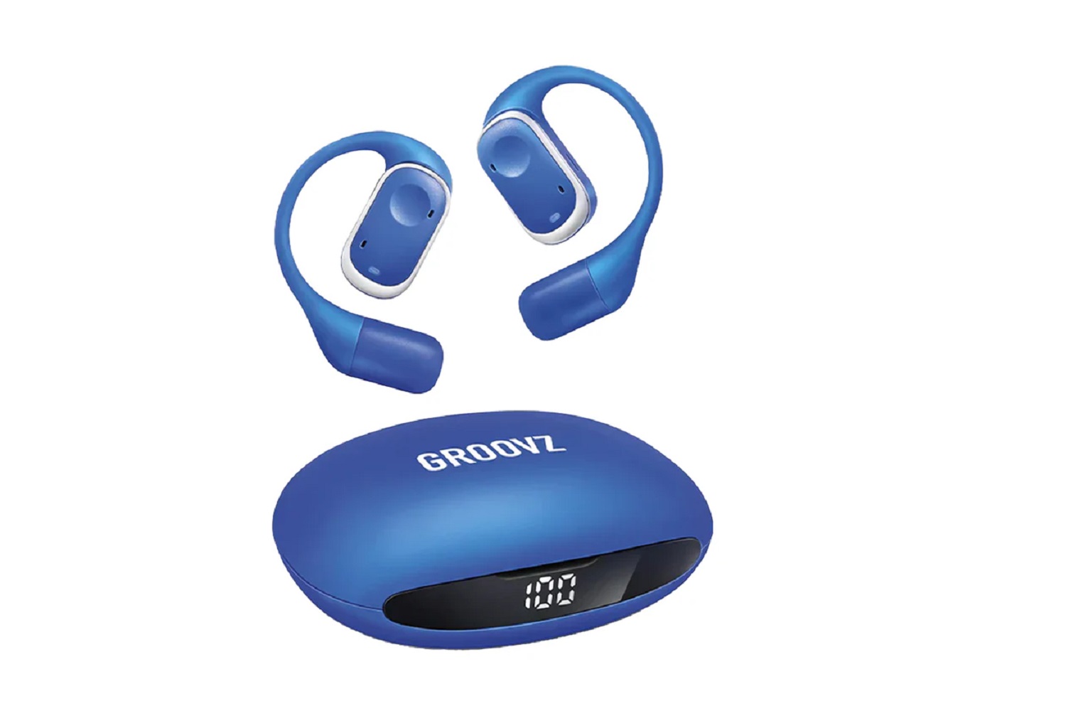 GROVZ wireless headphones and headphones 2 The real GROVZ Open-Eear headphones in blue, against a white background.