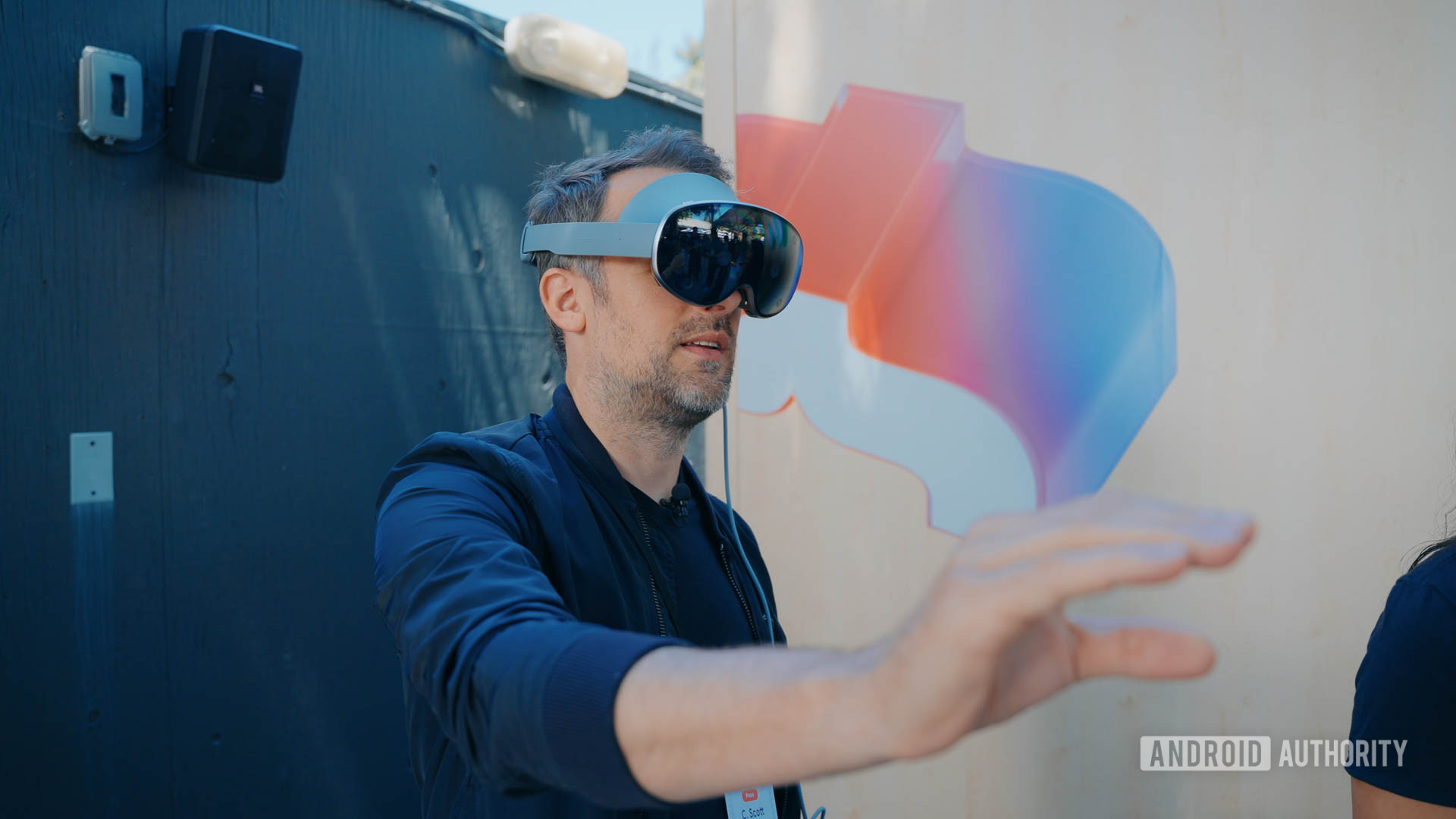 Google IO 2025 Project Moohan headset on man's head as he uses air gestures Google IO 2025 Project Moohan headset on man's head as he uses air gestures