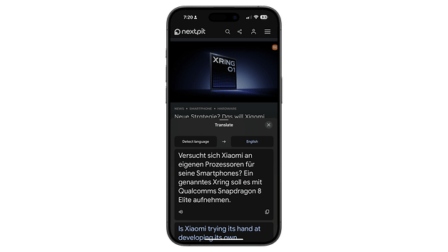 A smartphone displays a translation feature with a text in German and English.