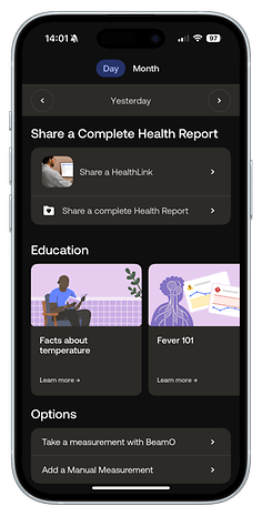 Health app interface showing health report sharing options and education about temperature.