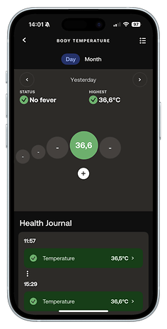 Body temperature tracking on a mobile app showing 36.6°C with a status of 'No fever'.