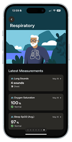 Mobile app interface displaying respiratory health metrics and measurements.