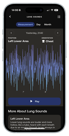 Mobile app screen displaying lung sounds measurement for left lower area.