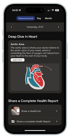 Screen showing heart health information and options to share a health report.