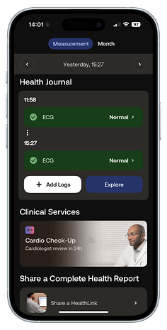 Health Journal on a smartphone showing ECG results and options for adding logs and exploring services.