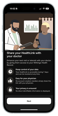 A mobile screen displaying a HealthLink sharing feature with a doctor and patient.