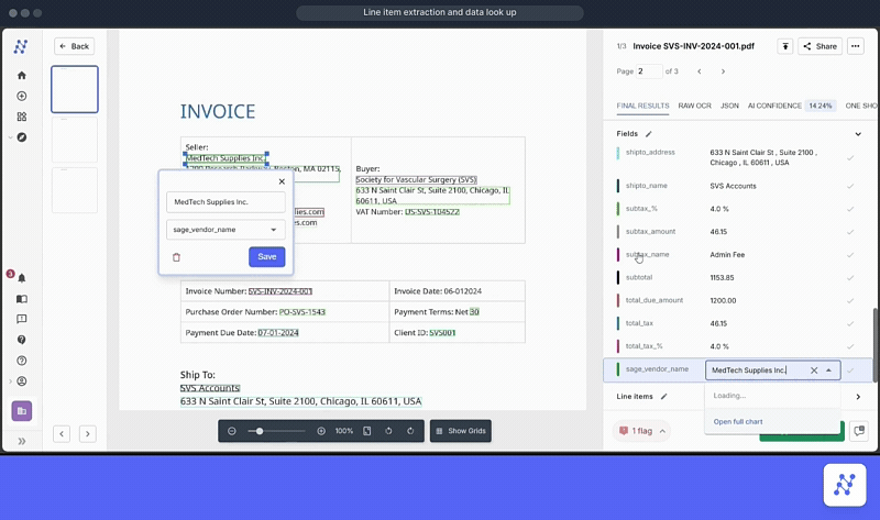 Here's how Nanonets extracts line items from invoices and then checks against your Sage vendor list to match different fields