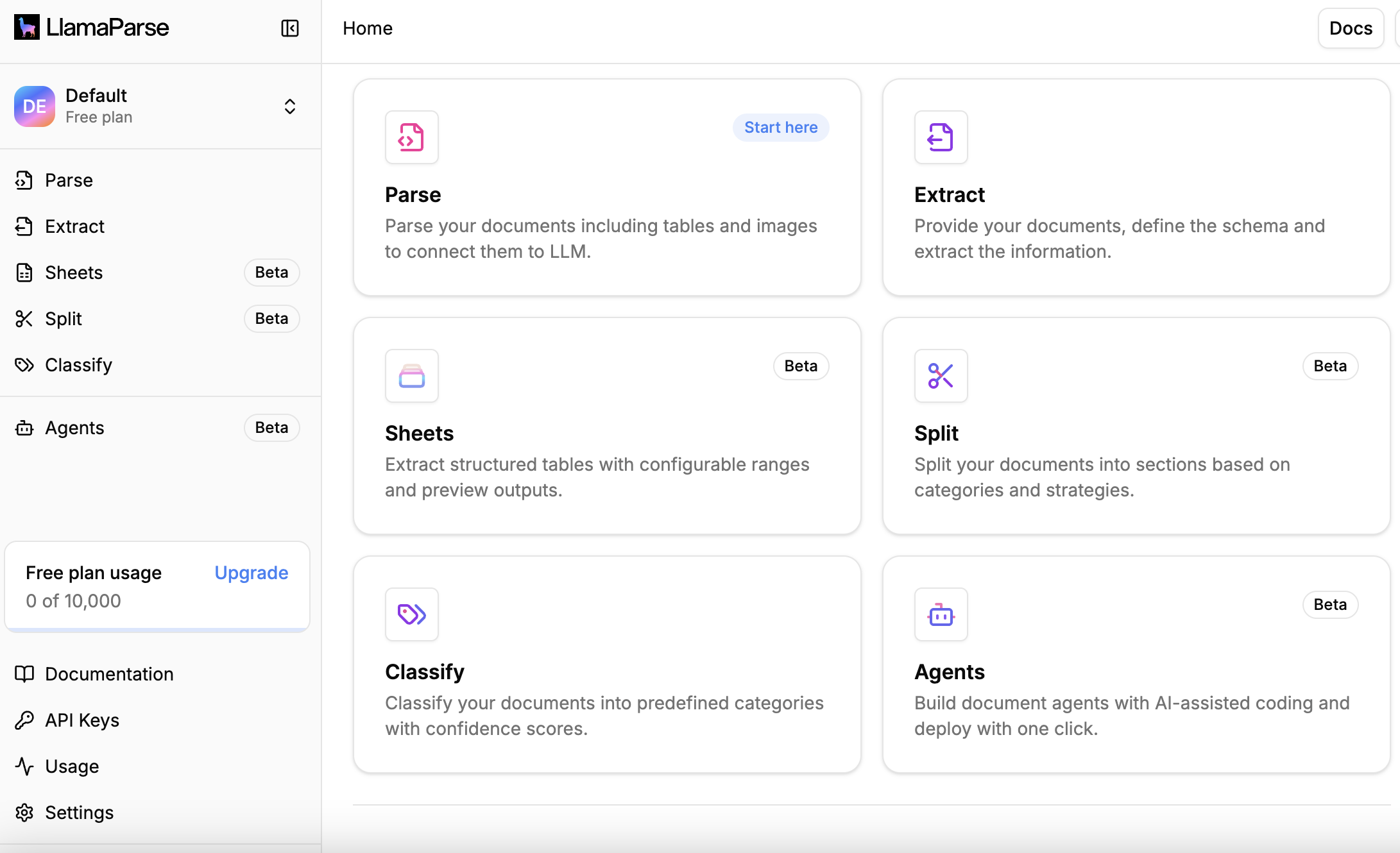 LlamaParse main menu