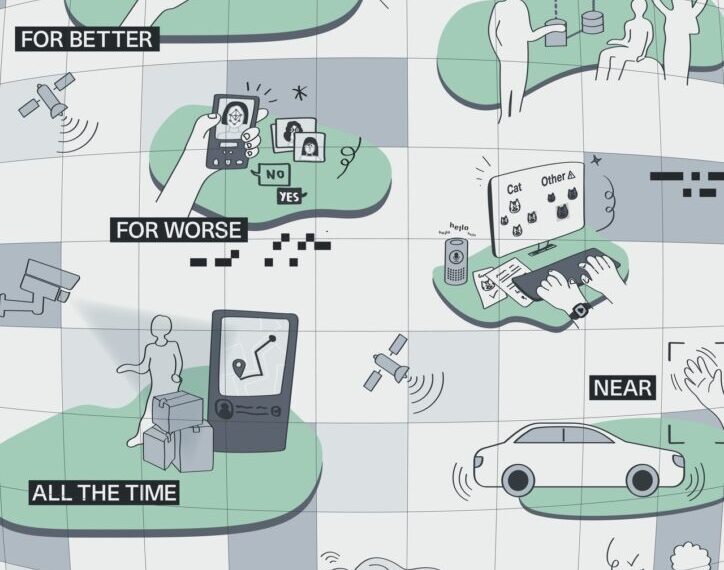 This image uses minimalist line art and adopts a monochromatic colour palette with soft green accents. The composition is built upon a spherical grid system that mirrors Earth's curvature, creating a dynamic digital backdrop and an immersive sense of depth. The image is split into various quadrants which each represent different themes: 'for better', 'for worse', 'all the time', 'far' and 'near'. In the top left is 'for better', it illustrates hands piecing together cloud-shaped puzzle pieces which have different images within them, including: a heart, a light bulb, a lock, and data symbols. In the top right, 'far' includes elements like satellites and lab equipment. In the middle of the image, 'for worse' illustrates a person holding a smartphone showing face recognition option with 'YES' or 'NO'. In the bottom left, 'all the time' shows a person under surveillance by a camera and being monitored by a digital device. Finally, in the bottom right, 'near' shows a car surrounded by wireless signals and a digital assistant. 