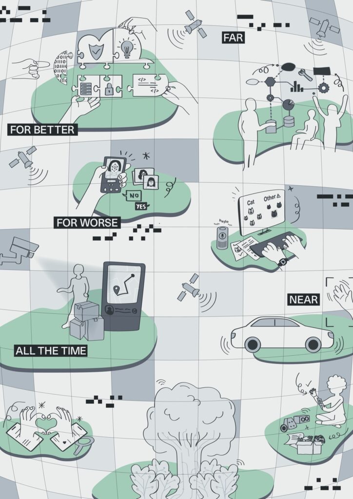 This image uses minimalist line art and adopts a monochromatic colour palette with soft green accents. The composition is built upon a spherical grid system that mirrors Earth's curvature, creating a dynamic digital backdrop and an immersive sense of depth. The image is split into various quadrants which each represent different themes: 'for better', 'for worse', 'all the time', 'far' and 'near'. In the top left is 'for better', it illustrates hands piecing together cloud-shaped puzzle pieces which have different images within them, including: a heart, a light bulb, a lock, and data symbols. In the top right, 'far' includes elements like satellites and lab equipment. In the middle of the image, 'for worse' illustrates a person holding a smartphone showing face recognition option with 'YES' or 'NO'. In the bottom left, 'all the time' shows a person under surveillance by a camera and being monitored by a digital device. Finally, in the bottom right, 'near' shows a car surrounded by wireless signals and a digital assistant.