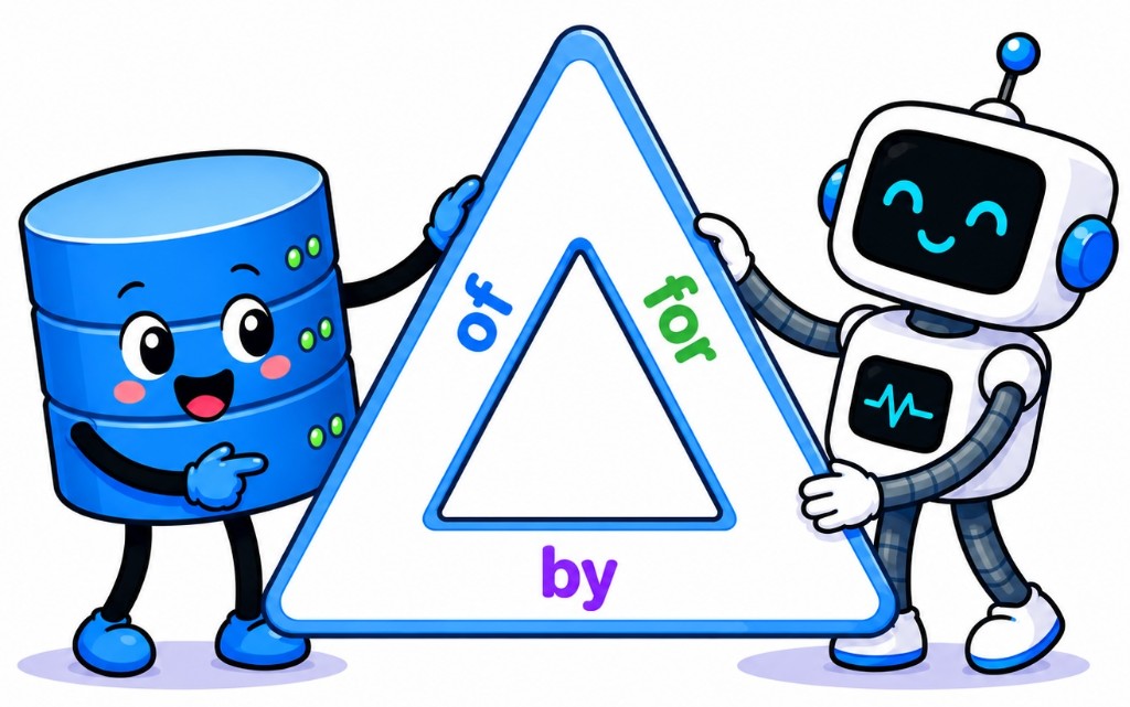 Intelligence is Free, Now What? Data Systems for, of, and by Agents – The Berkeley Artificial Intelligence Research Blog 2 A database character and a robot agent holding up a triangle labeled 'of', 'for', and 'by'