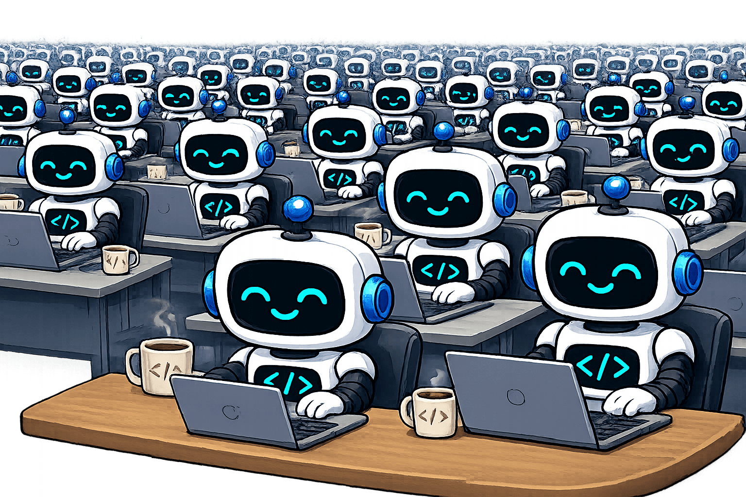 Intelligence is Free, Now What? Data Systems for, of, and by Agents – The Berkeley Artificial Intelligence Research Blog 4 A swarm of AI agents working at laptops