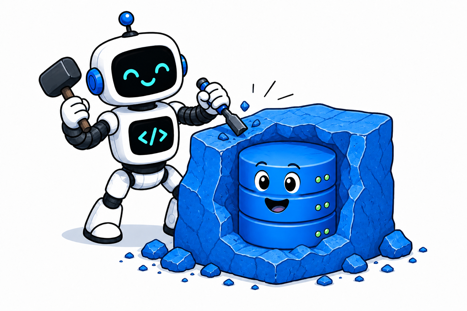 Intelligence is Free, Now What? Data Systems for, of, and by Agents – The Berkeley Artificial Intelligence Research Blog 7 A robot agent with a hammer and chisel carving a database character out of a block of stone