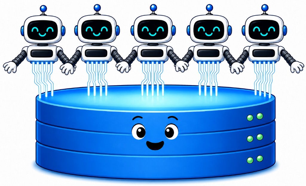 Intelligence is Free, Now What? Data Systems for, of, and by Agents – The Berkeley Artificial Intelligence Research Blog 5 A swarm of robot agents holding hands, each drawing state from a single large shared database platform below them
