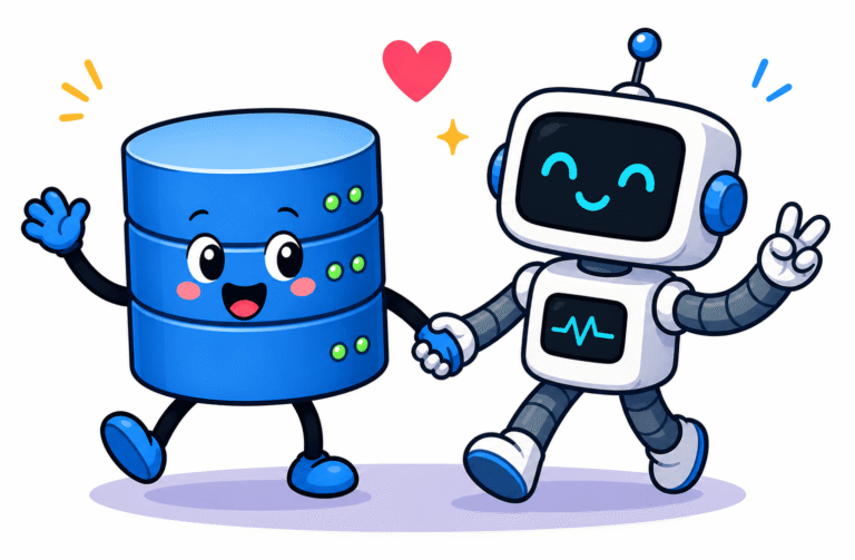 A cartoon database character and an AI robot agent holding hands